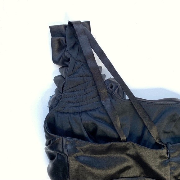One shoulder satin black formal mini dress ruffle - Picture 7 of 8